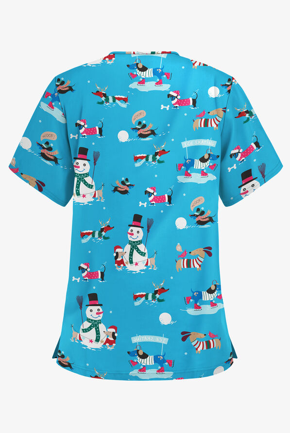 Blusa médica estampada Butter-Soft Holiday Fun Turquoise con cuello en V y 3 bolsillos para mujer - null - 2