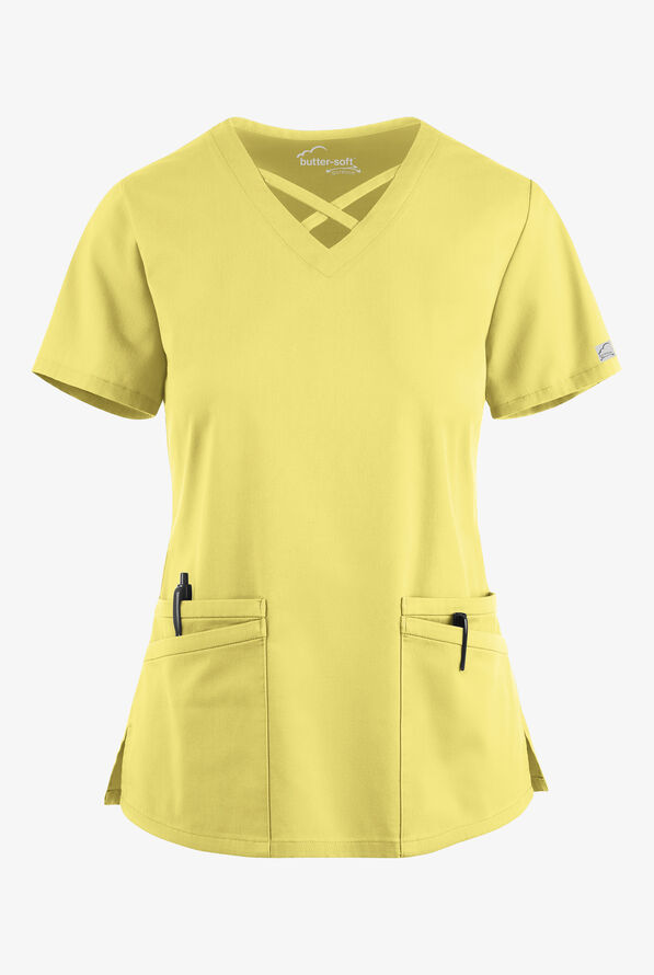Butter-Soft STRETCH Women's 4-Pocket Crisscross Scrub Top - Lemon Sherbet - 1
