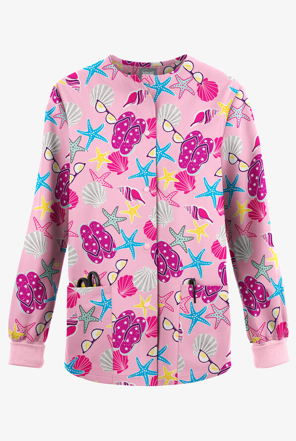 Butter-Soft Originals Walk On The Beach Blush Women's 3-Pocket Snap Front Print Scrub Jacket - null - 1