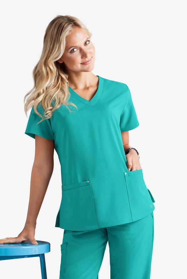 Blusa m&eacute;dica Easy STRETCH Lina con cuello en V ingleteado y 4 bolsillos para mujer - Spring Emerald - 2