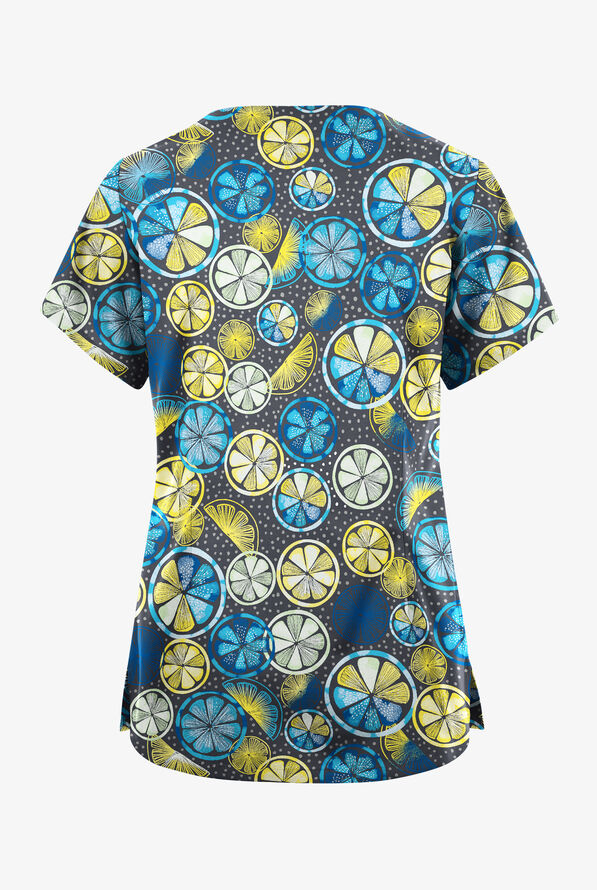 Butter-Soft Originals Citrus Slice Pewter Women's 6-Pocket Scallop Neck Print Scrub Top - null - 2