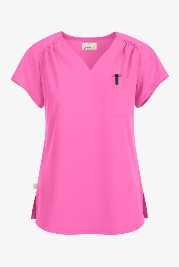 Planet koi Kallani Women's 1-Pocket STRETCH Rouched Shoulder Jewel Neck Scrub Top - Strawberry Moon - 1