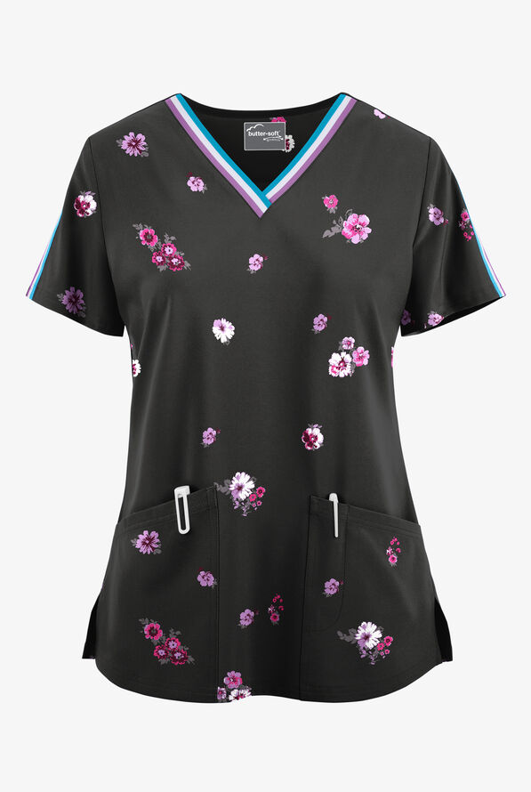 Blusa médica estampada UA Butter-Soft STRETCH Fall Blossom con cuello en V y 3 bolsillos para mujer - null - 1