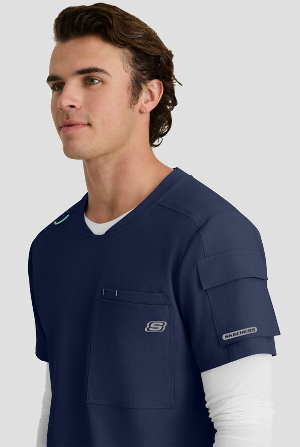 Skechers by Barco Ripstop Station Men's 3-Pocket STRETCH Notched Hem Round Neck Scrub Top - Navy - 3