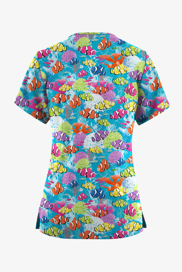Butter-Soft Originals Dazzling Reef Turquoise Women's 4-Pocket Rounded V-Neck Print Scrub Top - null - 2