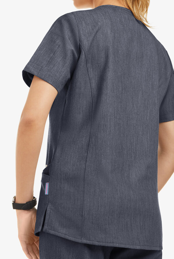 Blusa médica MOVEMENT by Butter-Soft Capella estilo cruzado con 5 bolsillos para mujer - Indigo Heather - 4