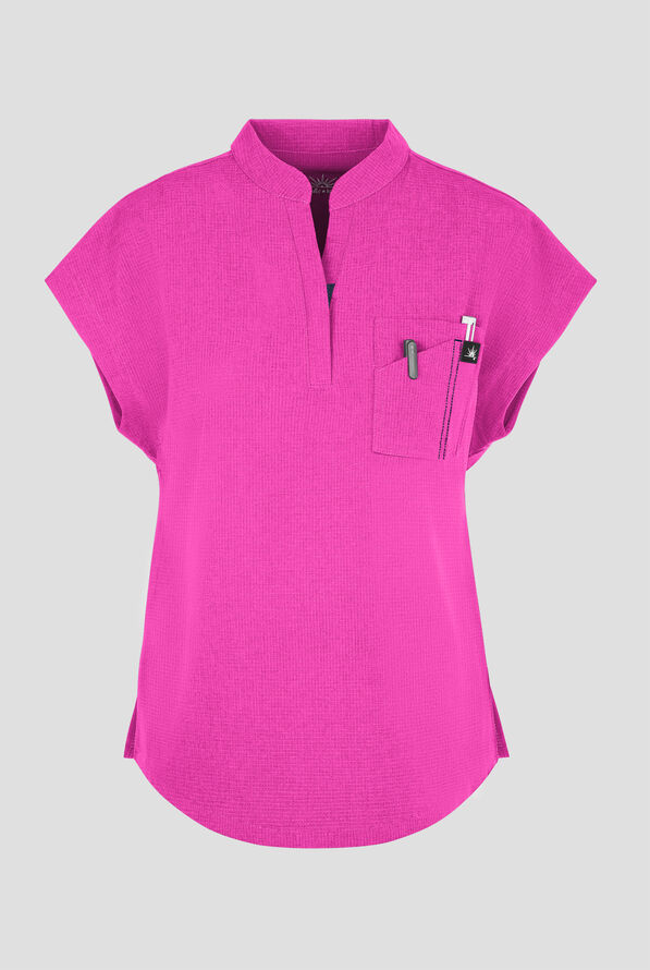koi Solis Catrin Women's 2-Pocket STRETCH Dolman Sleeve Mandarin Collar Scrub Top - Hibiscus - 1