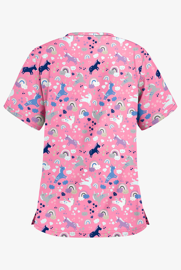 UA Butter-Soft Unicorn Adventure Ballet Pink Women's 2-Pocket V-Neck Print Scrub Top - null - 2