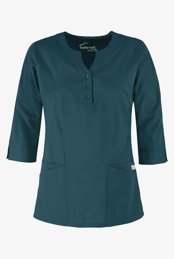 Butter-Soft STRETCH Women's 4-Pocket 3/4" Sleeve Round Neck Scrub Top - Caribbean Blue - 1