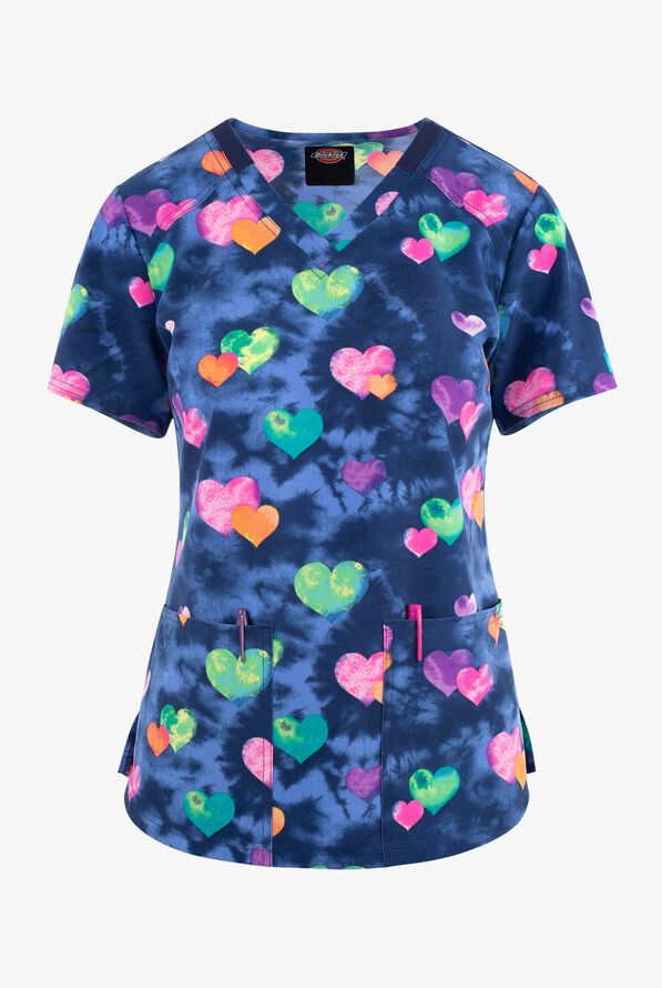 Dickies EDS Hippie Hearts Tie Dye Women's 2-Pocket STRETCH V-Neck