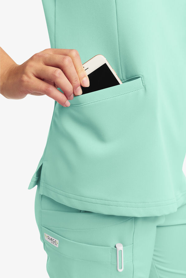 Butter-Soft Women's 5-Pockets Faux Wrap Scrub Top **Slightly IRREGULAR** - Beachside Blue - 2