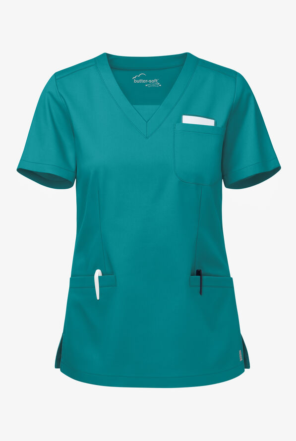 Blusa médica UA Butter-Soft STRETCH con cuello en V y 3 bolsillos de ojal para mujer - Teal - 1