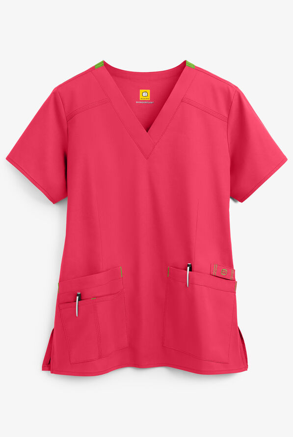 WonderWink WonderFLEX Verity Women's 4-Pocket STRETCH Cotton Rich V-Neck Scrub Top - Papaya/Green Apple - 1