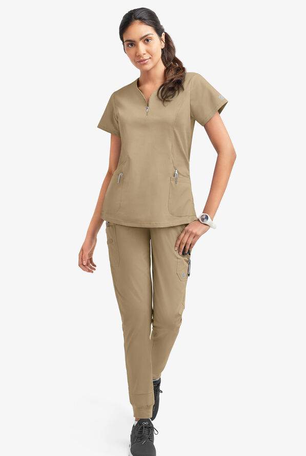 Butter-Soft STRETCH Women's 4-Pocket Curved Neck Zipper Scrub Top - Golden Sand - 2