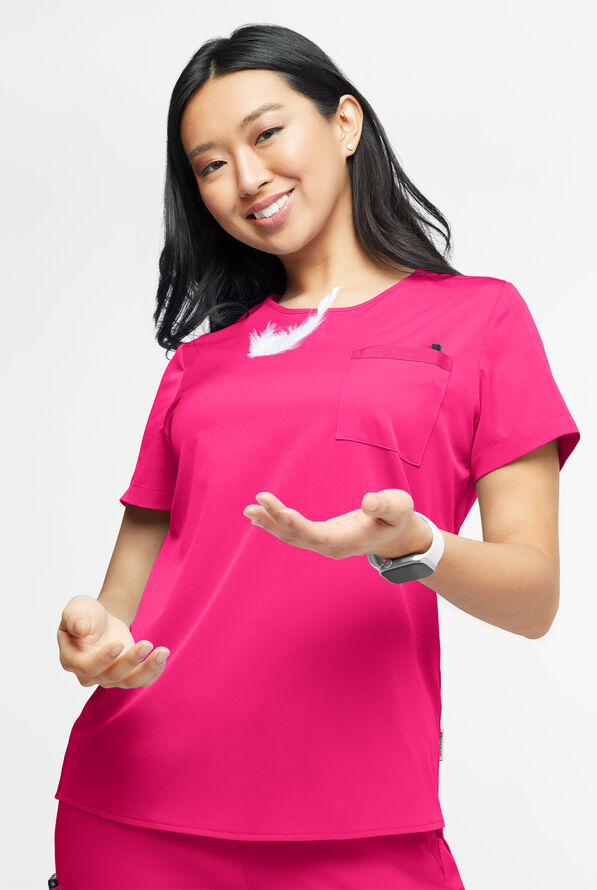 WhisperLite Lyra Women's 2-Pocket Stretch Crew-Neck Scrub Top - Reactive Pink - 1