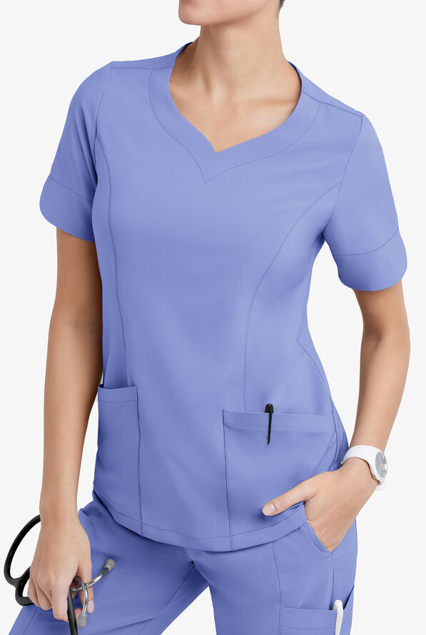 Blusa m&eacute;dica Easy STRETCH Aisha con escote coraz&oacute;n y 2 bolsillos para mujer - Ceil Blue - 3