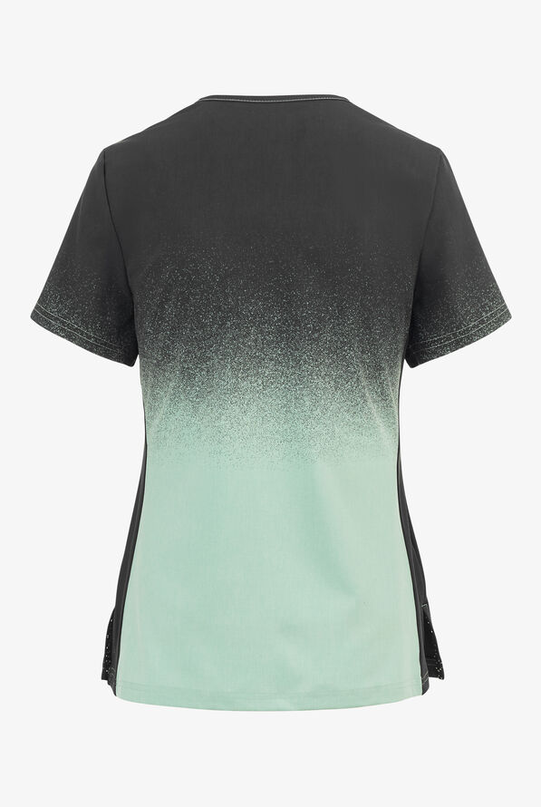 koi Basics Sage/Charcoal Heather Ombre Women's 2-Pocket STRETCH V-Neck Print Scrub Top - null - 2