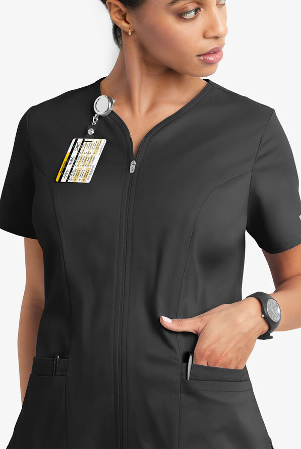 Butter-Soft STRETCH Women's 4-Pocket Smooth Face Zipper Scrub Top - Black - 3