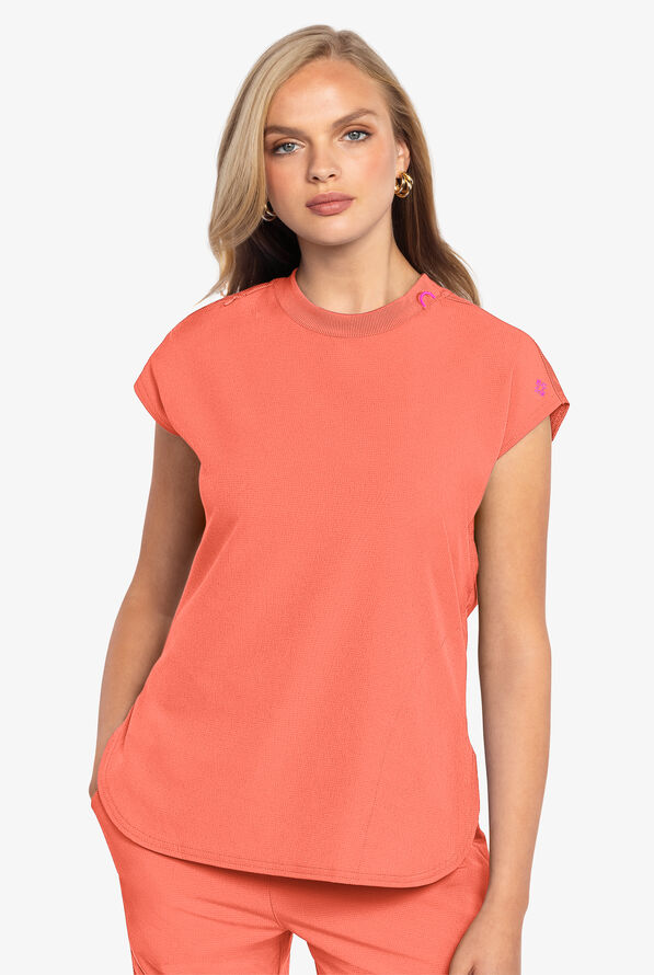 Med Couture Amp Women's 2-Pocket STRETCH Tuck in Dolman Crew Neck Scrub Top - Coral Fusion - 2