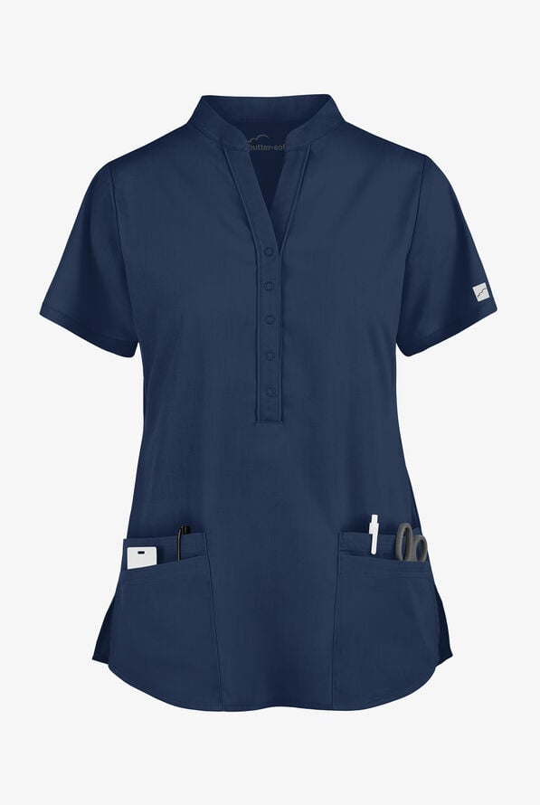 Butter-Soft Core Women's 4-Pocket Mandarin Collar Scrub Top - Navy - 1