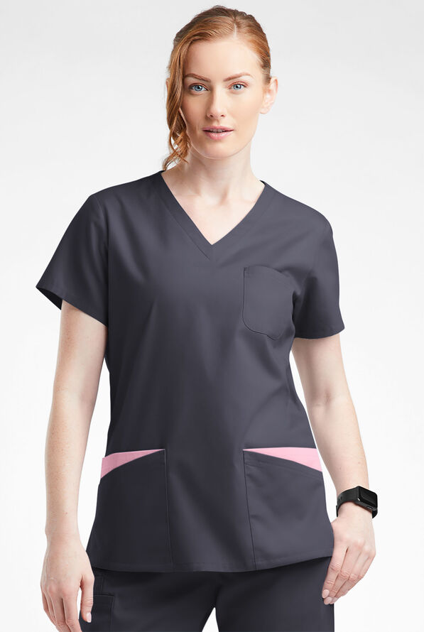 Butter-Soft Originals Women's 7-Pocket Rounded V-Neck Scrub Top - Pewter/Blush - 2