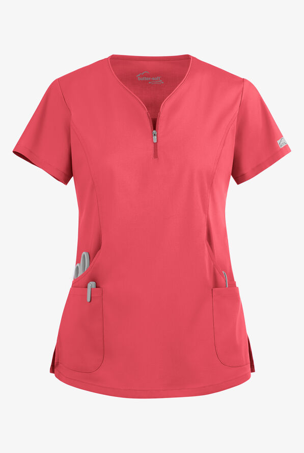 Butter-Soft STRETCH Women's 4-Pocket Curved Neck Zipper Scrub Top - Coral Spice - 1