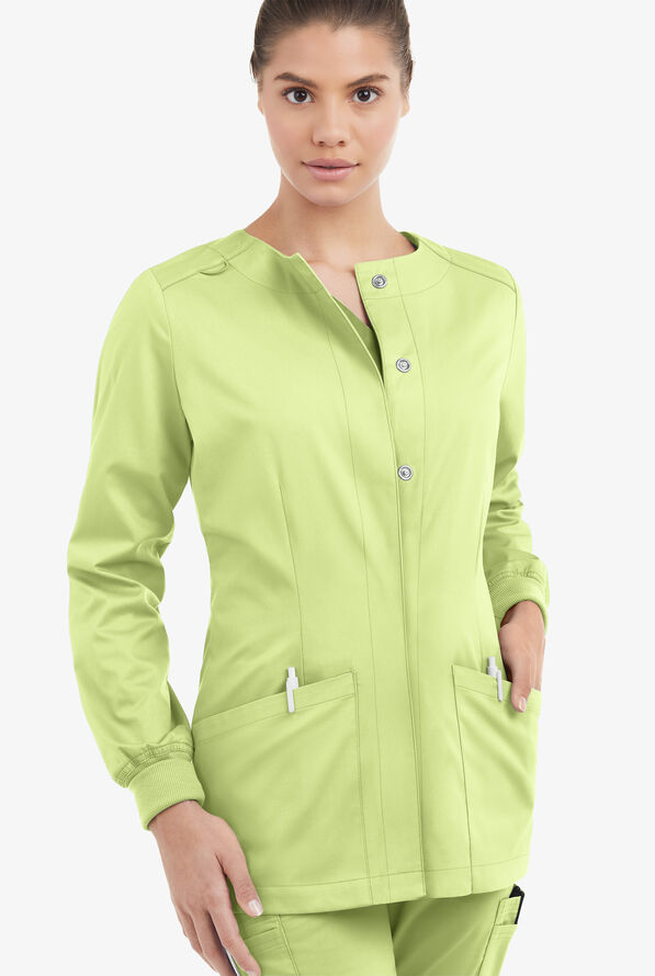 Butter-Soft STRETCH Women's 2-Pocket Long Sleeve Snap Front Scrub Jacket - Cool Matcha - 2