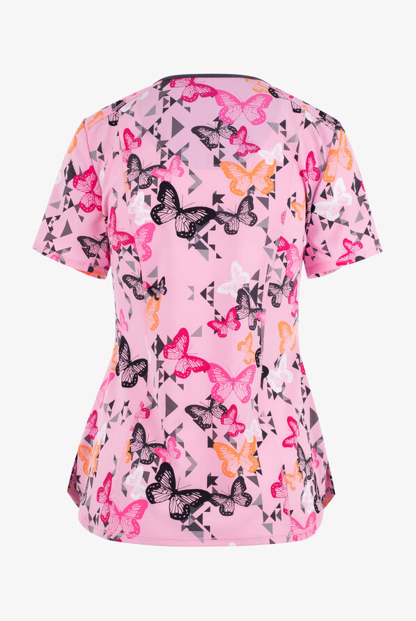 Cherokee Infinity Geo Flutter Butterfly Women's 2-Pocket STRETCH V-Neck Print Scrub Top - null - 2