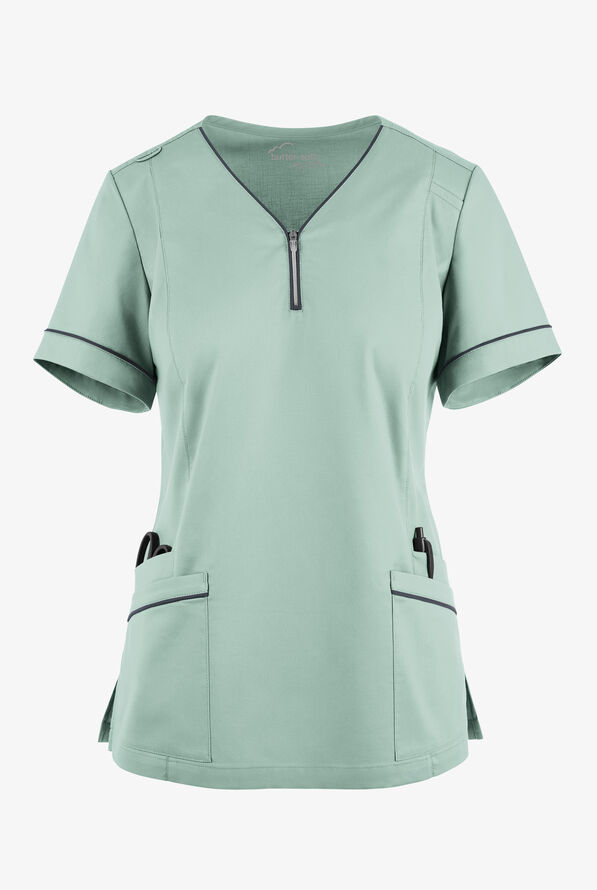 Butter-Soft STRETCH Women's 5-Pocket V-Neck with Front Zipper Scrub Top - Eucalyptus Leaf/Pewter - 1