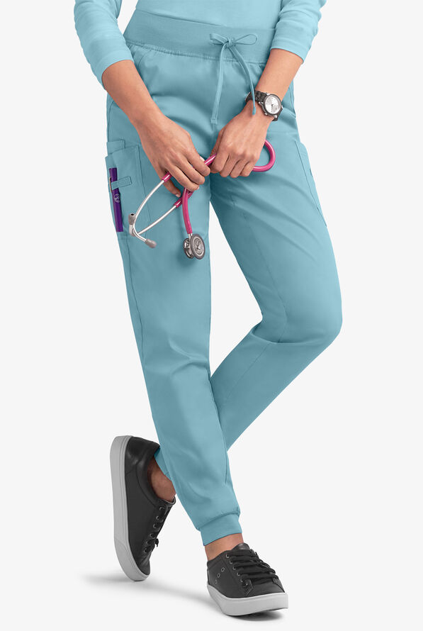 Butter-Soft STRETCH Women's 5-Pocket Cargo Jogger Scrub Pants - Petite - Dew Drop - 1