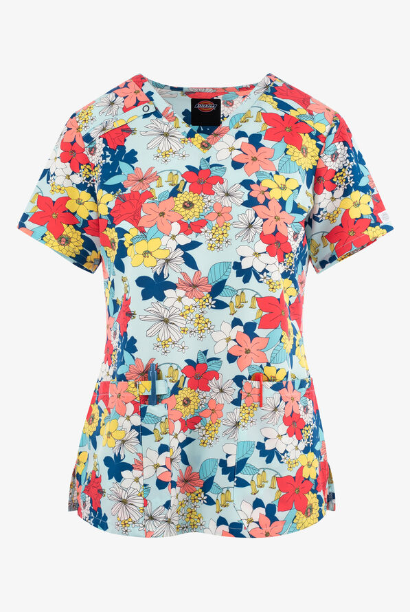 Dickies EDS Blooms So Retro Floral Women's 2-Pocket STRETCH V-Neck Print Scrub Top - null - 1
