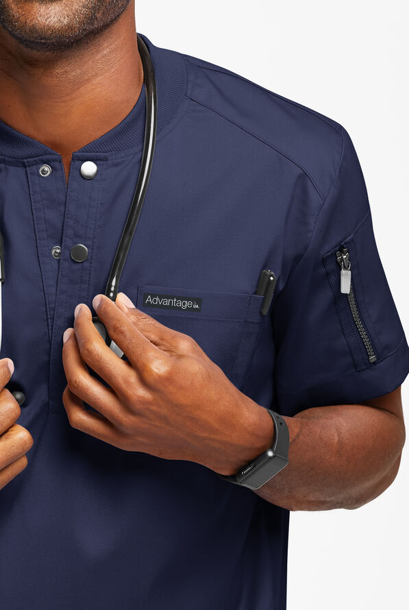 Advantage STRETCH Men's 2-Pocket Short Sleeve Henley Scrub Top - Navy - 3