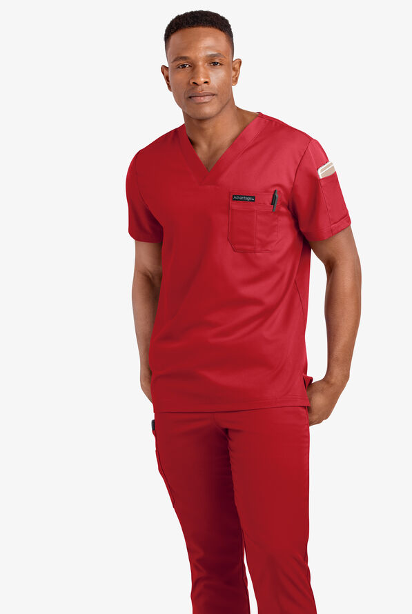 Advantage STRETCH Men's 4-Pocket V-Neck Scrub Top - Red - 2