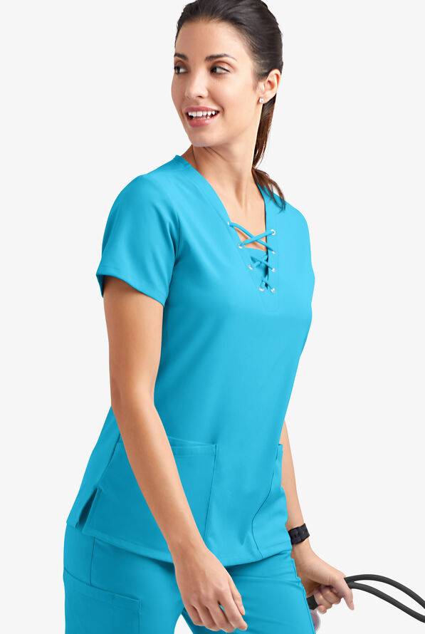 Easy STRETCH Gisele Women's 4-Pocket Lace Up V-Neck Scrub Top - Turquoise - 3