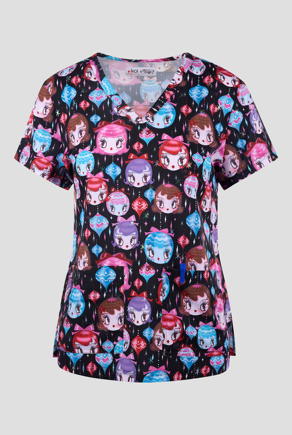 koi Lite Dolly Ornaments Women's 2-Pocket V-Neck Print Scrub Top - null - 1