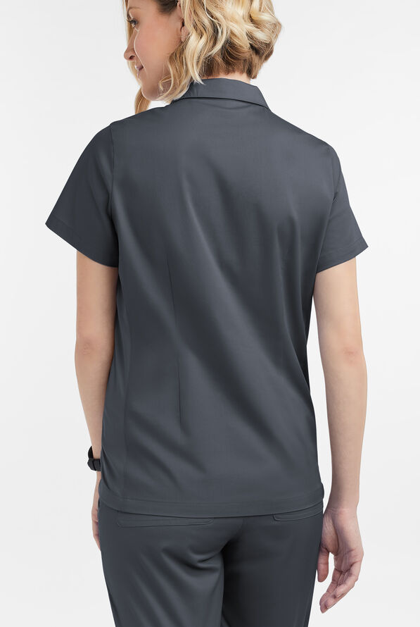 Butter-Soft STRETCH Women's 3-Pocket Short Sleeve Collar and Knit Panels Scrub Top - Pewter - 4