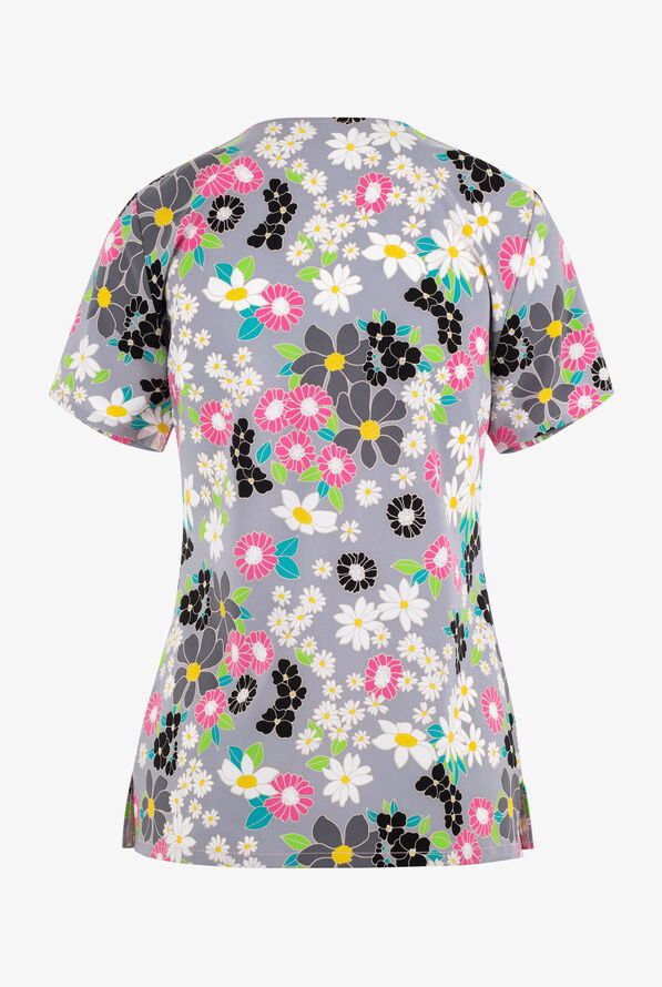 Tooniforms Minnie Mouse Many Minnie Flowers Women's 3-Pocket STRETCH V-Neck Print Scrub Top - null - 2