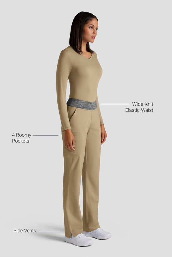 Butter-Soft STRETCH Women's 4-Pocket Knit Waistband Yoga Scrub Pants - Golden Sand /Charcoal Melange - 3