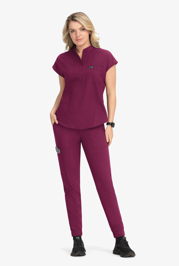 koi Basics Ari Women's 1-Pocket STRETCH Dolman Sleeve Mandarin Collar Scrub Top - Wine - 4