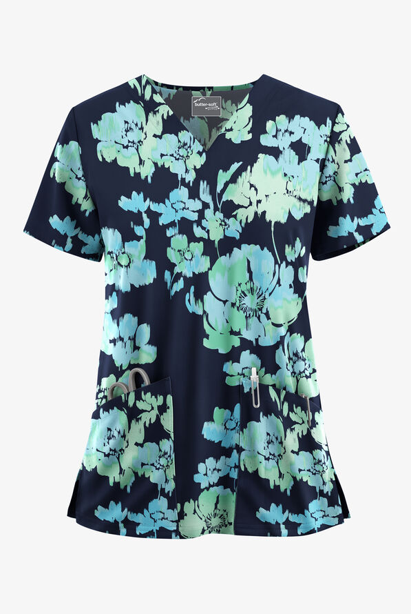 Blusa m&eacute;dica estampada Butter-Soft STRETCH Napoli Garden Navy con cuello en V y 2 bolsillos para mujer - null - 1