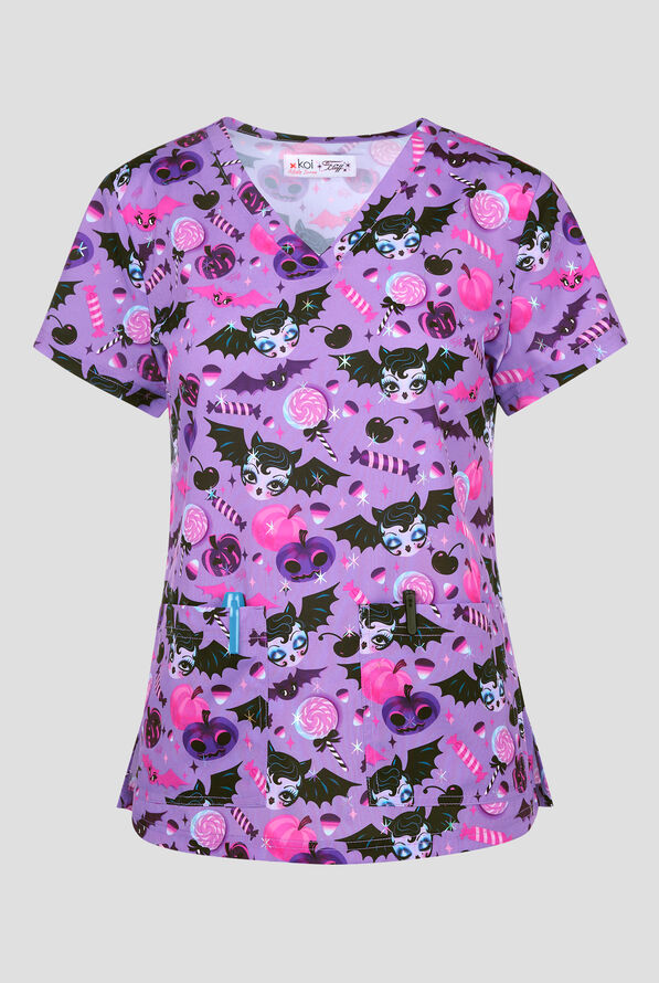 koi Next Gen Vampire Bat Dolly Women's 2-Pocket STRETCH V-Neck Print Scrub Top - null - 1