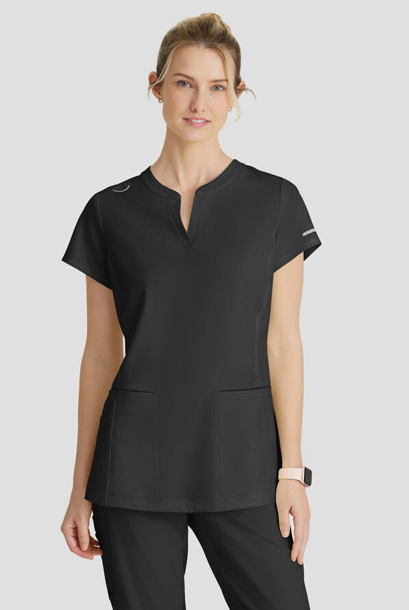 Skechers by Barco Coast Women's 2-Pocket STRETCH Banded Collar V-Placket Scrub Top - Black - 2