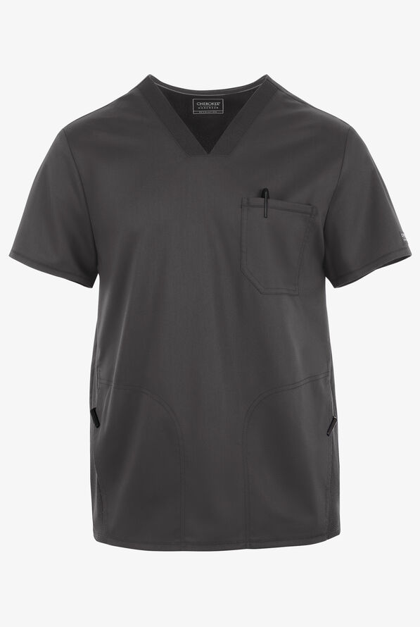 UA Exclusive Cherokee Workwear Revolution Men's 3-Pocket STRETCH Mesh Trim V-Neck Scrub Top - Pewter - 4