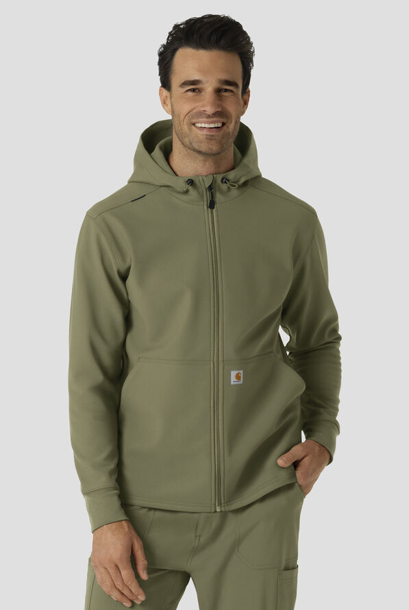 Carhartt Force Rugged Men's 3-Pocket Bonded Fleece Utility Zip Front Hoodie Scrub Jacket - Olive - 2