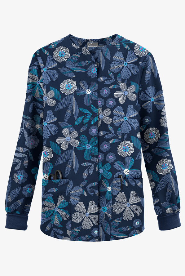 Butter-Soft Originals Linear Floral Ceil Women's 3-Pocket Warm-Up Print Scrub Jacket - null - 1