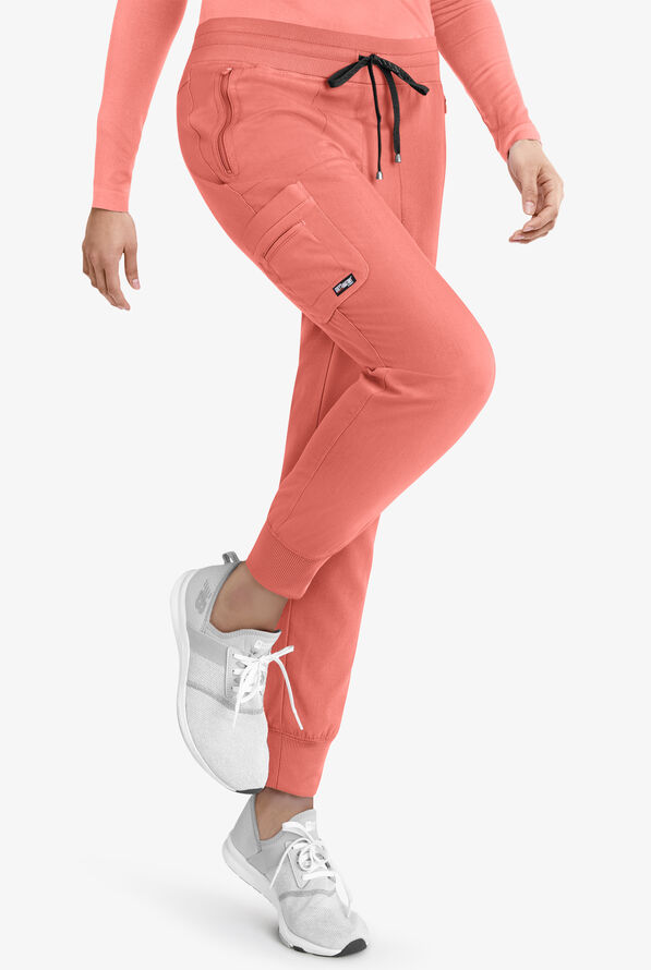 Grey's Anatomy by Barco Spandex STRETCH Eden Women's 5-Pocket Cargo Jogger Scrub Pants - Petite - Bright Papaya - 4