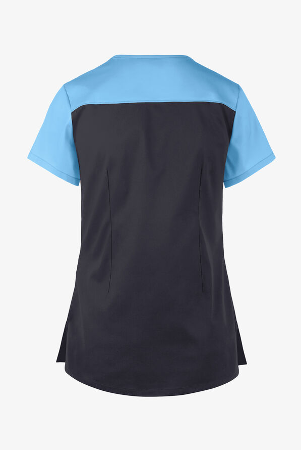 Butter-Soft STRETCH Women's 5-Pocket Asymmetric Scrub Top - Pewter/Blue Oasis - 3