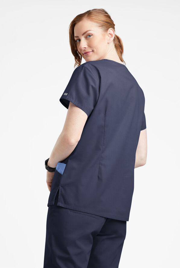 Blusa m&eacute;dica Butter-Soft Originals con cuello en V redondeado y 7 bolsillos para mujer - Navy/Ceil - 3