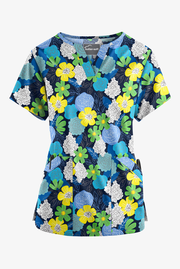 UA ButterSoft Budapest Floral Navy NotchNeck 4Pocket Print Scrub Top, Print Scrubs