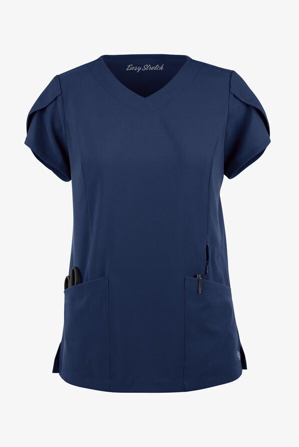 Easy STRETCH Daisy Women's 4-Pocket V-Neck Scrub Top with Petal Sleeves - Navy - 1